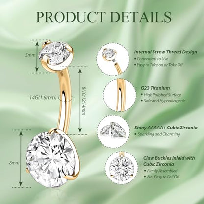 FUNLMO 14G Belly Button Ring Titanium Belly Button Piercing Belly Ring Internally Threaded Navel Piercing Jewelry - color: Gold-Clear CZ