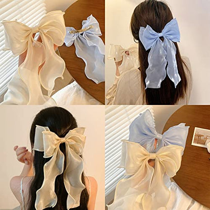papasgix Hair Bow Clips: Big Solid Color Silk Ribbons for Women & Girls (4: Champagne, Blue, Purple, Pink) - color: Champagne+Blue+Purple+Pink