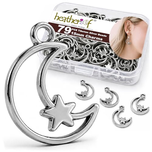 Heather's cf Star Charms for Jewelry Making Silver Tibetan Star Moon Snowflake Pendants Non Tarnish Metal Earring Charm for Bracelets Necklaces Earrings DIY Jewelry Making Supplies - color: Silver Moon - 79Pc