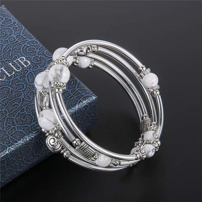Beaded Pearl Bangle Wrap Bracelet - Fashion Bohemian Jewelry Multilayer Charm Bracelet with Thick Silver Metal Beads, Gift For Women - color: Howlite