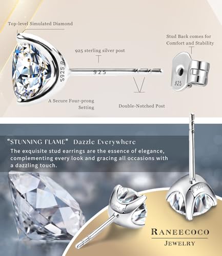 "STUNNING FLAME" Solid 14K Gold Post & Sterling Silver Round Cut Cubic-Zirconia Stud CZ Earrings | Hypoallergenic Jewelry - color: Gold Plated Sterling Silver - White, size: 4.0 Carat-(2.0ct*2)-8mm