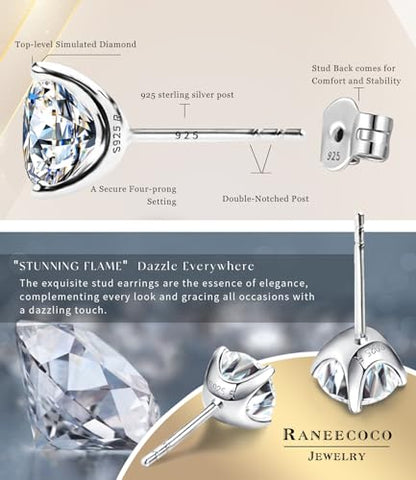 "STUNNING FLAME" Solid 14K Gold Post & Sterling Silver Round Cut Cubic-Zirconia Stud CZ Earrings | Hypoallergenic Jewelry - color: Gold Plated Sterling Silver - White, size: 4.0 Carat-(2.0ct*2)-8mm