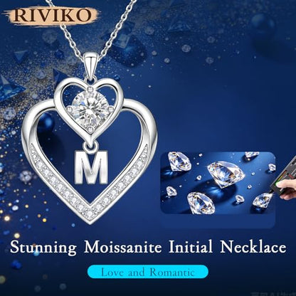 RIVIKO 1 Carat Moissanite Heart Initial Necklace for Women,Letter Pendant | 925 Sterling Silver Chain,Personalized Jewelry,Anniversary Birthday Gifts for Wife Friend Mom - color: Letter M