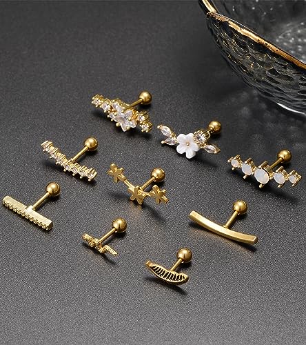 Tornito 9-30Pcs Cartilage CZ Stud Earrings Conch Forward Helix Tragus Daith Piercing Lip Rings Snake Heart Butterfly Jewelry for Women Men 16G Silver Gold Tone - color: A2: 9pcs, Gold Tone