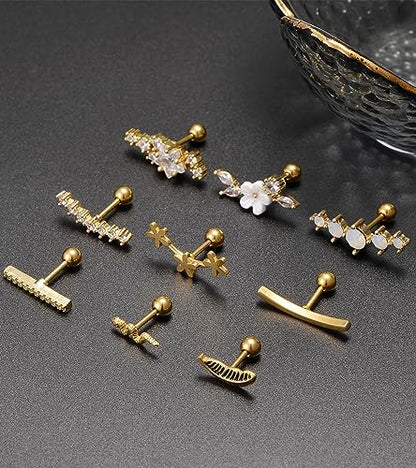Tornito 9-30Pcs Cartilage CZ Stud Earrings Conch Forward Helix Tragus Daith Piercing Lip Rings Snake Heart Butterfly Jewelry for Women Men 16G Silver Gold Tone - color: A2: 9pcs, Gold Tone