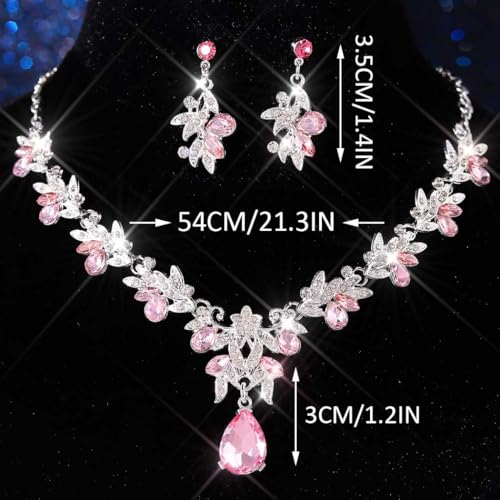 Rhinestone Bridal Wedding Jewelry Sets Gold Necklace Earrings Set Leaf Prom Formal Costume Jewelry Set for Women and Brides - color: Pink