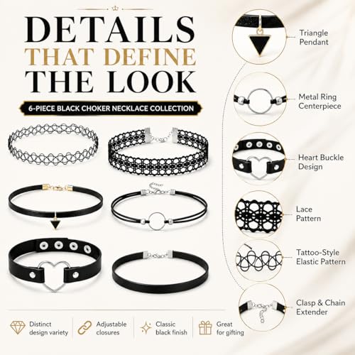 6 Styles Gothic Lace Choker Necklaces Set for Women, Black Lace Tattoo Chokers Necklace Punk Goth Jewelry, Adjustable 90s Vintage Emo Velvet Grunge Chokers Accessories Collection