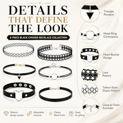 6 Styles Gothic Lace Choker Necklaces Set for Women, Black Lace Tattoo Chokers Necklace Punk Goth Jewelry, Adjustable 90s Vintage Emo Velvet Grunge Chokers Accessories Collection