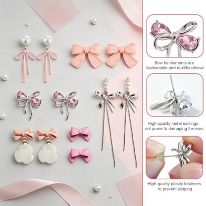 6 Pcs Pink Bow Earrings for Women, Light Pink Bow Earring Set | with Flowers Pearl Tassel Designs, Ribbon Stud Dangle Earrings Jewelry Collection