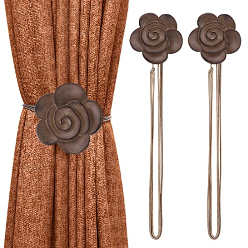 Lewondr Magnetic Curtain Tiebacks, Vintage Curtain Holdbacks, Light Coffee | 1 Pair, Resin Curtain Ties with Rope Drapery Retro Window Curtain Decorative Buckle Holder for Outdoor, Home, Cafe Balcony - color: Light Coffee Camellia, size: 2 Pieces