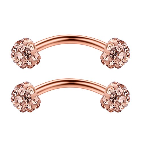 3PRS 16G 3/8" (10MM) Stainless Steel 3mm CZ/Gems/Ball Curved Barbell Eyebrow Tragus Lip Belly Ring Piercing Jewelry - Rose Gold - color: 6PCS - Rose Gold