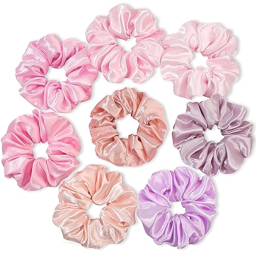Satin Hair Scrunchies for Women's Thick Curly Hair - Big Ponytail Holders and Hair Ties for Girls, Cute No Crease No Damage Pony Tails - color: Pink
