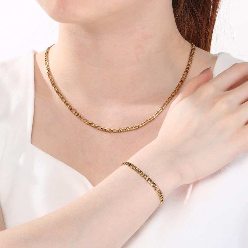 Kemstone Stainless Steel Figaro Cuban Bracelet Necklace Set for Men Women Jewelry - color: Gold 07