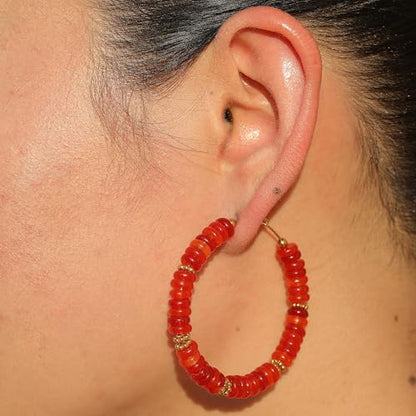 Wellike Beaded Hoop Earrings for Women Natural Stone Pink Gold Huggie Earrings Hypoallergenic Dainty Waterproof Trendy Jewelry - color: Red, size: 50mm