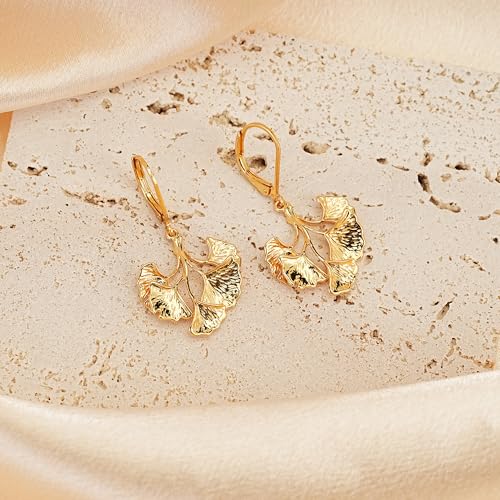 Sylph Large Gold Earrings for Women, Chunky Gold Statement Drop Dangle Earring Maple Leave Ginko Leaf Jewelry Gifts - style: Middle Ginko Leaf Earrings