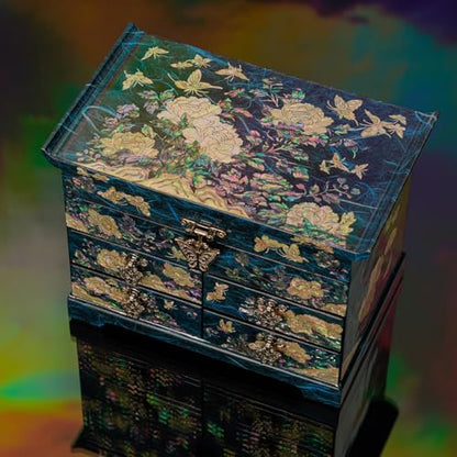 February Mountain Mother of Pearl Wooden Jewelry Organizer Box – Jewelry Storage Box for Women, Features Spacious Drawers, Ideal for Rings, Bracelets, Watches, Chains, Accessories (Peony_Blue) - style: Peony_Blue