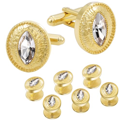 Tuxedo Studs and Cufflinks Set, Gold Cuff Links Mens and Tuxedo Shirt Buttons Suit Accessories Crystal Tux Studs for Shirt Formal Kit Business or Wedding - color: White
