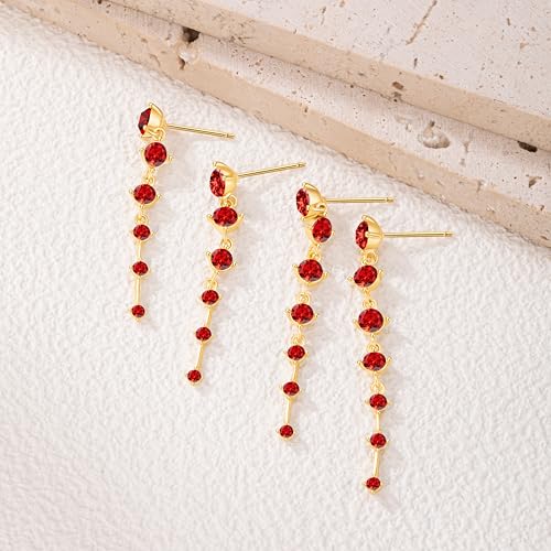 2 Pairs Long Diamond Dangle Tassel Earrings for Women | 14K Gold Silver Plated, Dainty Diamond Crystal Drop Earring, Small Cz Statement Dangly, for Wedding Bridesmaid, Jewelry Gifts - color: 2 Pairs Gold-Red