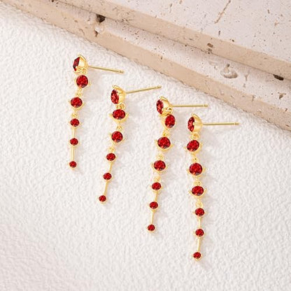 2 Pairs Long Diamond Dangle Tassel Earrings for Women | 14K Gold Silver Plated, Dainty Diamond Crystal Drop Earring, Small Cz Statement Dangly, for Wedding Bridesmaid, Jewelry Gifts - color: 2 Pairs Gold-Red