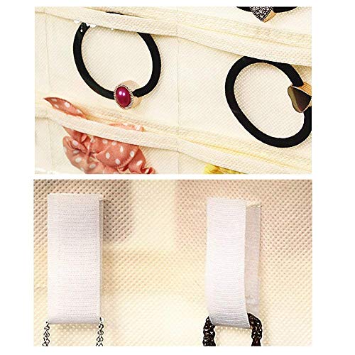 Hanging Jewelry Organizer Bag (40-Pockets) & 20 Magic Tape Hook Storage Bag Closet Storage for Portable Travel, Rings, Earrings, Necklaces, Clear PVC Plastic Windows, Roll-Up (Beige)