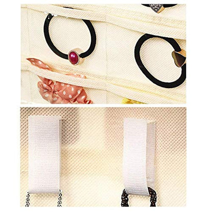 Hanging Jewelry Organizer Bag (40-Pockets) & 20 Magic Tape Hook Storage Bag Closet Storage for Portable Travel, Rings, Earrings, Necklaces, Clear PVC Plastic Windows, Roll-Up (Beige)