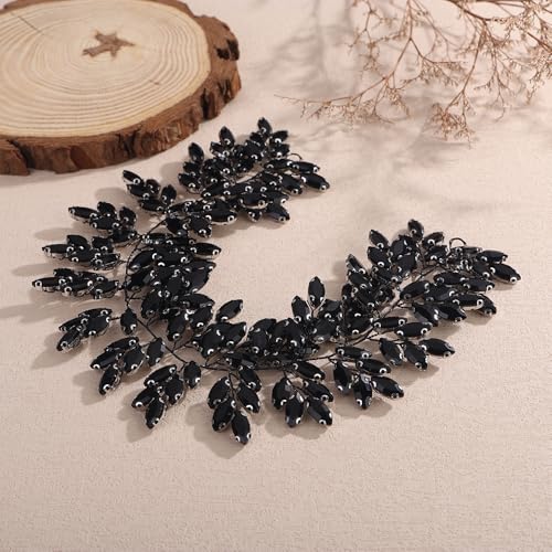 Missgrace Women Silver Green Black Red Blue Handmade Full Crystal Rhinestone Large Headband Hair Vine Shinny Headpiece Bridal Wedding Hair Accessories for Women (Black) - color: Black