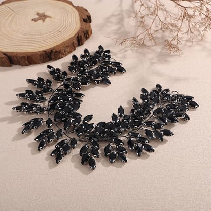Missgrace Women Silver Green Black Red Blue Handmade Full Crystal Rhinestone Large Headband Hair Vine Shinny Headpiece Bridal Wedding Hair Accessories for Women (Black) - color: Black