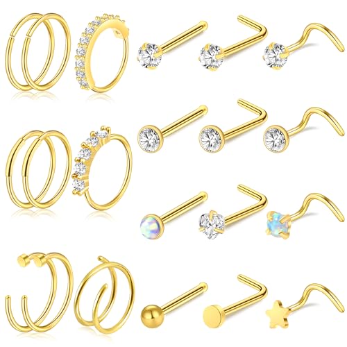 27-60 Pcs Nose Rings for Women Nose Piercing Jewelry Silver Nose Rings Studs 20G Surgical Nose Rings Hoops Nose Rings L Shaped Studs Screw Stainless Steel Nose Piercings for Women Men - color: gold-20G-21 pcs