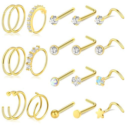 27-60 Pcs Nose Rings for Women Nose Piercing Jewelry Silver Nose Rings Studs 20G Surgical Nose Rings Hoops Nose Rings L Shaped Studs Screw Stainless Steel Nose Piercings for Women Men - color: gold-20G-21 pcs