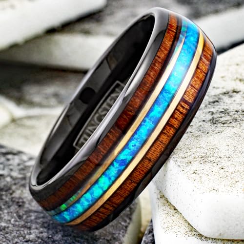Cool Modern Classic 8mm Polished Black Tungsten Carbide Low Dome Band Ring with Dazzling Man-Made Hawaii Blue Opal Between Koa Wood Inlays.