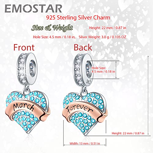 EMOSTAR Jan-Dec Birthstone Charms fits European Birthday Bracelet, Dangle 925 Sterling Silver Heart Shaped Pendant with 12 Months Birthstones, Gifts for Mom/Women - color: March Birthstone