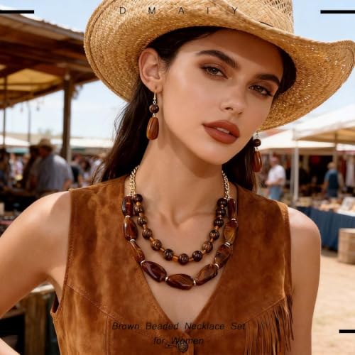 Layered Beaded Necklace and Earring Set Acrylic Beads Necklace Set Bohemian Chunky Jewelry Set for Women Beach - color: Brown