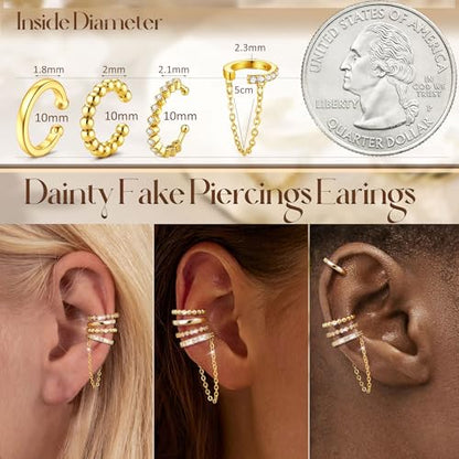 Florideco 4Pcs Ear Cuffs Non-Piercing for Women Dainty 14K Gold Plated Clip On Cartilage Earrings Hypoallergenic Huggie Hoop Cuffs Fake Earings for Non Pierced Ears - color: Beaded-14K Gold Plated