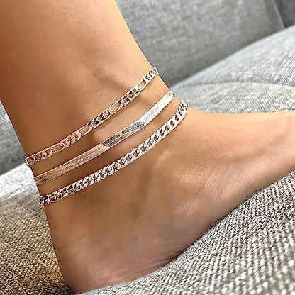 Sterling Silver Ankle Bracelets for Women Strong Lobster Clasp - Cuban Link, Figaro, Rope, Flat Mariner, Snake Herringbone, Satellite, Paperclip - Summer Beach Waterproof Silver Anklet - color: Curb,Figaro,Snake