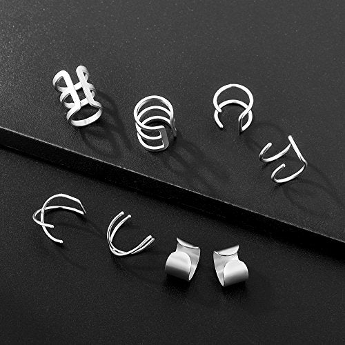 4-10 Pairs Stainless Steel Ear Cuff Helix Cartilage Clip On Wrap Earrings Fake Nose Ring Non-Piercing Adjustable - color: A4: 4 Pairs, Silver Tone