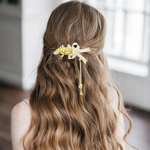 A Pair Wedding Hair Clips, Handmade Floral Design Crystal Hair Clips Pearl Barrettes, Rhinestones Flower Clips Pearl Headpieces Hair Pins Hair Accessories for Women Girls (Yellow&White) - color: Yellow&White