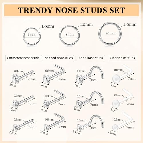 15PCS 14K Gold Plated Nose Rings Studs Set for New Piercing Beginners - color: Silver-3PCS Nose Rings & 12PCS Nose Studs