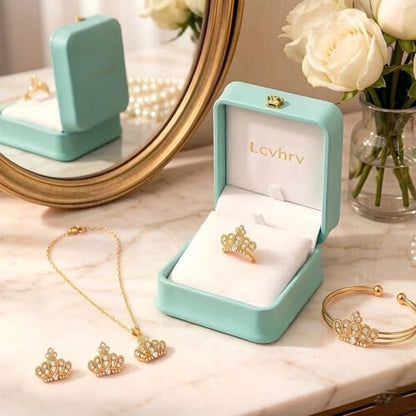 Women's Crown Jewelry Set Gold Plated Costume Jewelry, Elegant Royal Queen Crown Necklace Earrings Bracelet Ring 4 Pieces Set for Wedding Party Prom Formal Occasions