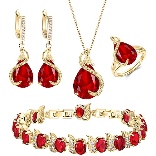 EVER FAITH Wedding Jewelry Set for Bride Bridesmaid, Glamour Teardrop Cubic Zirconia Pendant Necklace Earrings Tennis Bracelet Open Ring Sets for Birthday/Valentine's Day/Mother's Day/Christmas - color: A_Red Gold-Plated-Brass