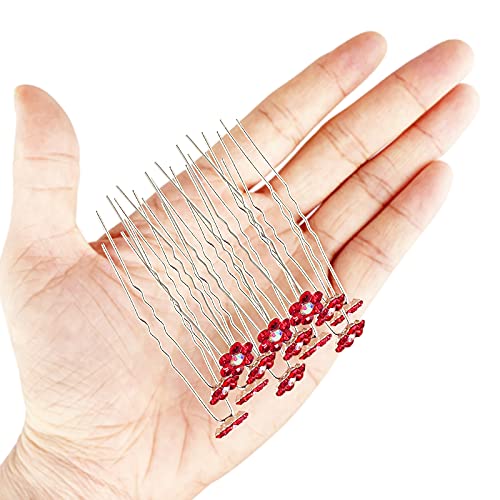 Rhinestone Flower Hair Pins, 40 Pcs U-Shaped Crystal Party Wedding Bridal Hair Accessories for Women Girls (Red) - color: Red