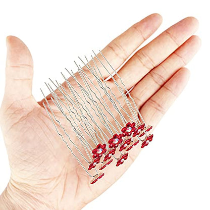 Rhinestone Flower Hair Pins, 40 Pcs U-Shaped Crystal Party Wedding Bridal Hair Accessories for Women Girls (Red) - color: Red