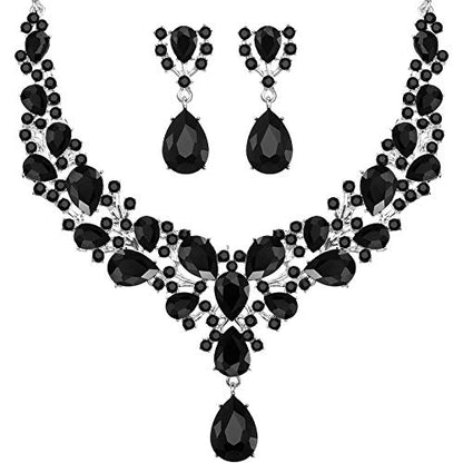 Hicarer Bridal Teardrop Cluster Crystal Jewelry Set for Women Necklace Earrings Wedding - color: Black
