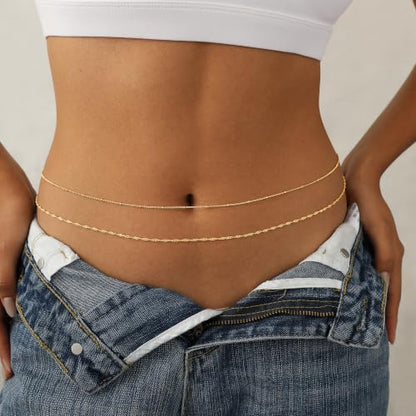 14K Gold Plated Waist Chain for Women Dainty 2Pcs Layered Belly Chain Beaded Pearl Body Chain Belt Set Waterproof Summer Beach Bikini Jewelry Accessories Adjustable Waist Beads Gift - style: 2Pcs Bead&Rope-GD