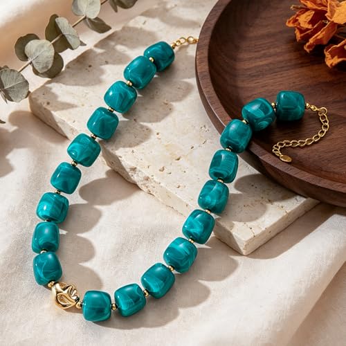 Beaded Necklaces for Women Boho Chunky Necklace Statement Big Resin Bead Choker Fashion Summer Beach Jewelry - color: Teal Blue
