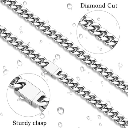 Fiusem Silver Tone/Black/14K Gold Plated Chain Necklace for Men, 5mm/6mm/7.5mm/8mm/9mm Stainless Steel Cuban Link Chain Necklace, Men's Chains 18-28 Inch Jewelry Gifts - size: 24", style: 9mm silver