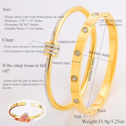 Camhanno Gold Bangles for Women - Stainless Steel Love & Friendship Bracelet Set with Gift Box | Daily Wear & Party Jewelry - color: 2pcs Gold Set Style 1