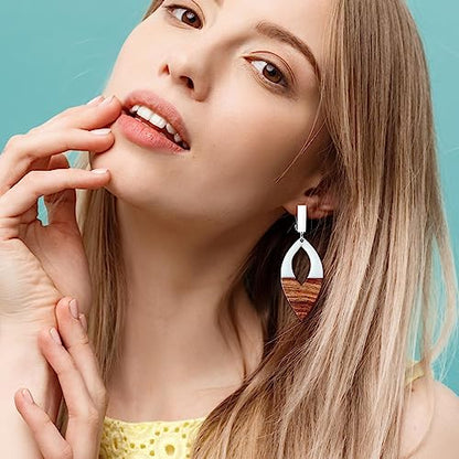 Wooden Geometric Clip On Earrings Women Gold Black Wood Non Pierced Ears Dangle Drop Earrings Triangle Leaf Comfortable Clip Earrings Jewelry - color: Leaf_White+Silver