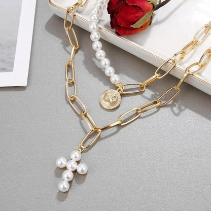 Layered Pearl Cross Pendant Necklace Set for Women,Vintage Coin Paperclip Statement Collarbone Necklace,Trendy Party Banquet Jewelry Accessories Gift