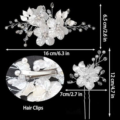 3 PCS Large Flower Bridal Wedding Hair Pins Crystal Pearl Hair Clips Headpiece Bride Hair Accessories Jewelry with Rhinestone, Glitter Emboss White Flower - color: Glitter Emboss White Flower