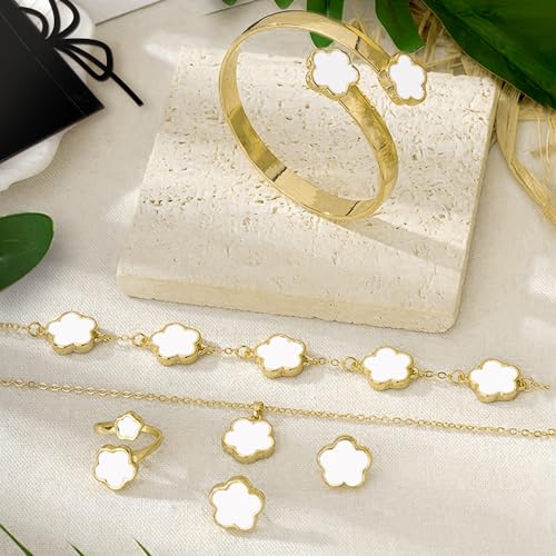 Lucky Flower Alloy Jewelry, Lucky Flower Design Necklace Earrings Bracelet Bangle Ring Jewelry Set, Clover Gold Plated Chain Wrap Ornament & Plush Pouch for Women - color: White